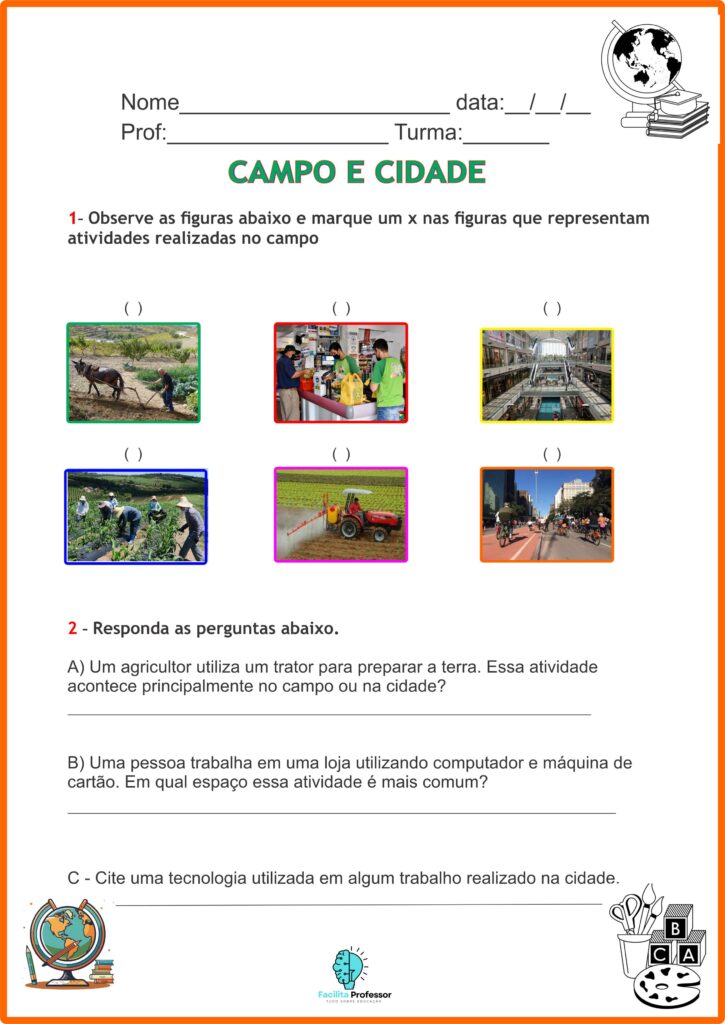 Atividade geografia "campo e cidade". 3º ano campo